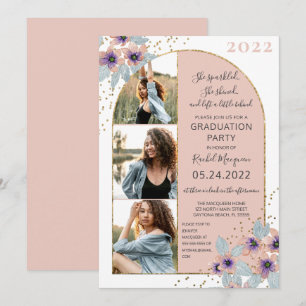 Rosa Flowers Glitter Confetti Photo Studenten Inbjudningar