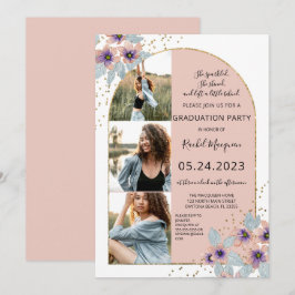 Rosa Flowers Glitter Confetti Photo Studenten Inbjudningar