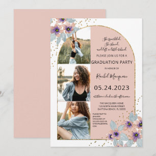 Rosa Flowers Glitter Confetti Photo Studenten Inbjudningar