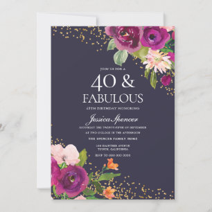 Rosa Flowers Glitter Lila 40:e födelsedag Party Inbjudningar