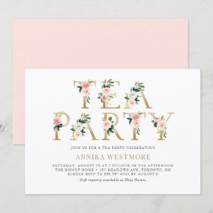 Rosa Flowers Gold Foil Vår Tea Party Inbjudningar