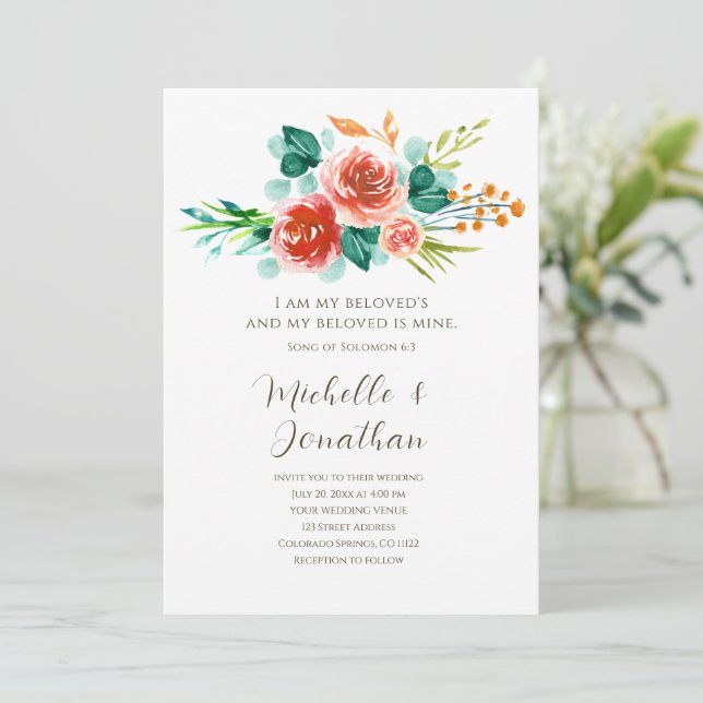  Rosa Flowers Greenery Bible Verse Bröllop Inbjudningar (Stående Fram)