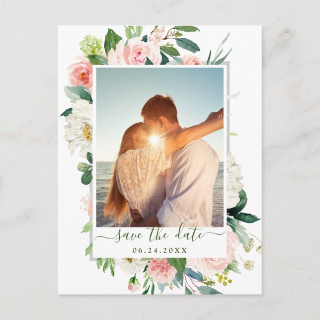  Rosa Flowers Greenery Bröllop spara datum Vykort (Framsida)