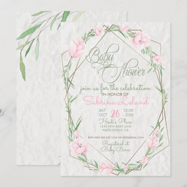 Rosa Flowers Greenery Terrarium Baby Shower Inbjudningar (Fram/baksida)