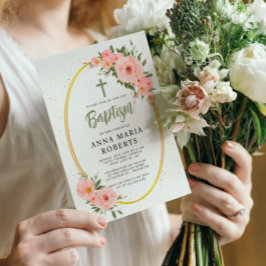 Rosa Flowers Grönt Girl Baptism Inbjudningar