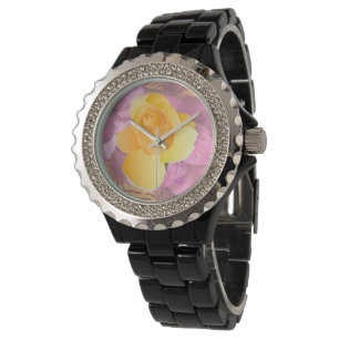 Rosa Flowers Gul ros Black Rhinestone Watch Armbandsur