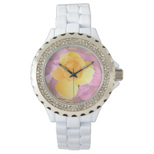 Rosa Flowers Gul ros White Rhinestone Watch Armbandsur
