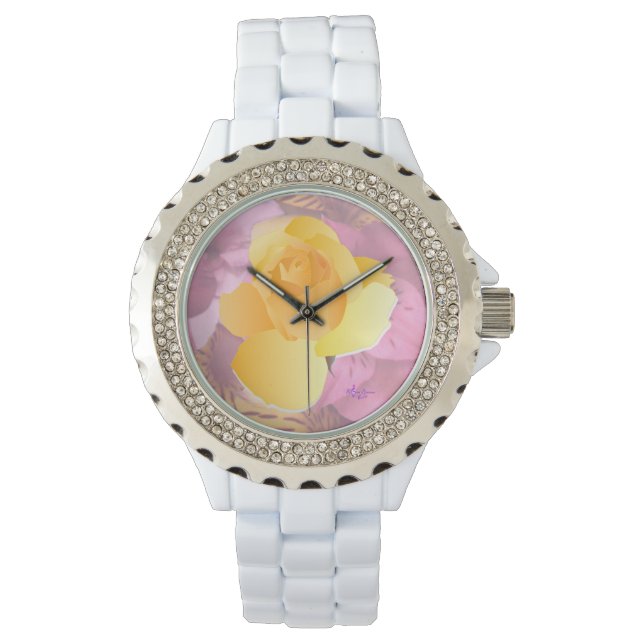 Rosa Flowers Gul ros White Rhinestone Watch Armbandsur (Framsida)