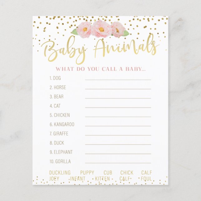 Rosa Flowers Guld Accent Baby djur Shower Game (Framsida)