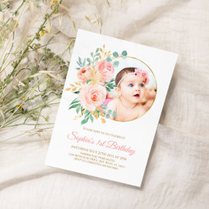 Rosa Flowers & Guld Baby:s första födelsedag Inbjudningar