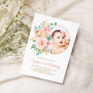  Rosa Flowers & Guld Baby:s första födelsedag Inbjudningar