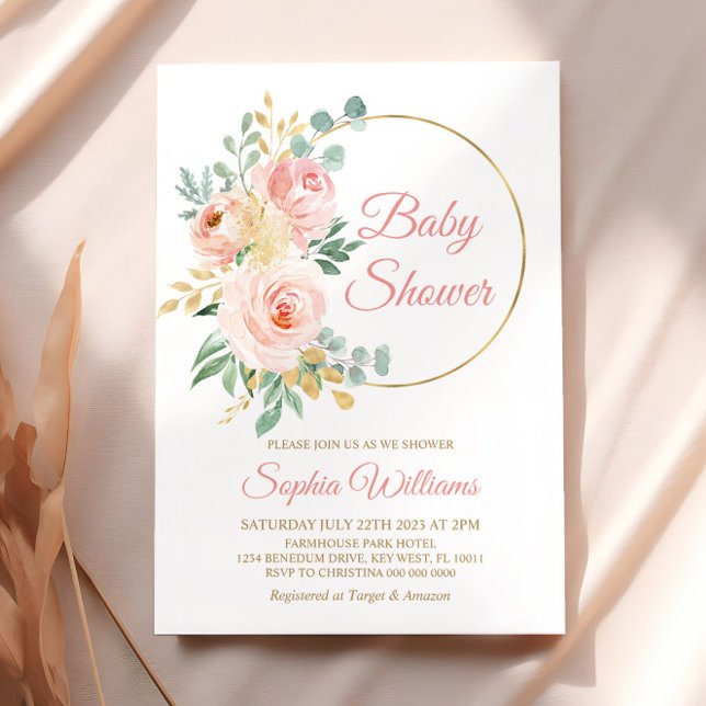  Rosa Flowers & Guld Baby Shower Inbjudningar (Skapare uppladdad)
