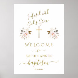 Rosa Flowers Guld Girl Baptism Välkomstecken Poster