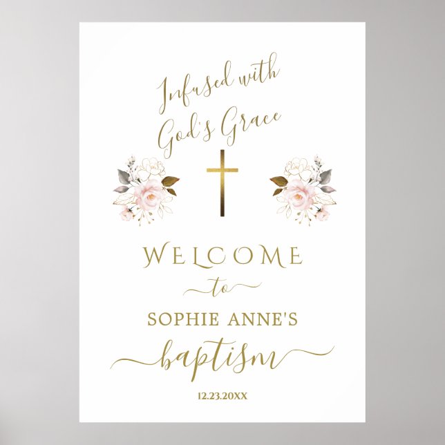 Rosa Flowers Guld Girl Baptism Välkomstecken Poster (Framsidan)