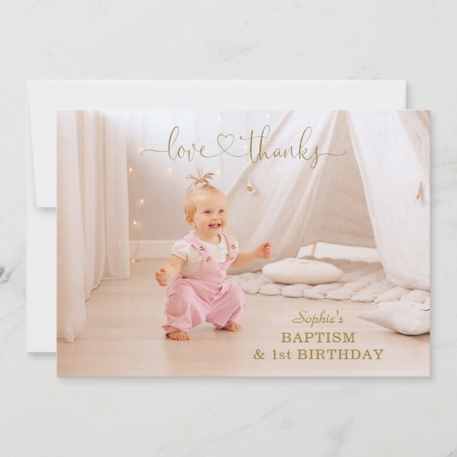 Rosa Flowers Guld Girl Photo 1st Birthday Baptism Tack Kort (Framsida)