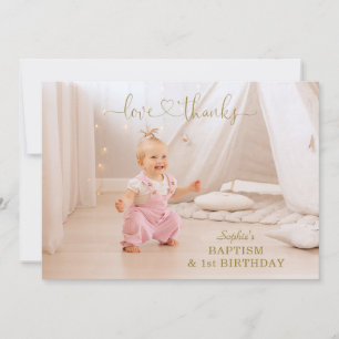 Rosa Flowers Guld Girl Photo 1st Birthday Baptism Tack Kort