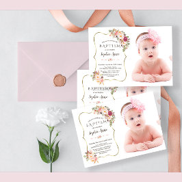 Rosa Flowers Guld Girl Photo Baptism Inbjudningar