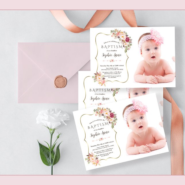  Rosa Flowers Guld Girl Photo Baptism Inbjudningar (trendy girl baptism photo invitation, elegant pink floral baptism photo, modern baptism)