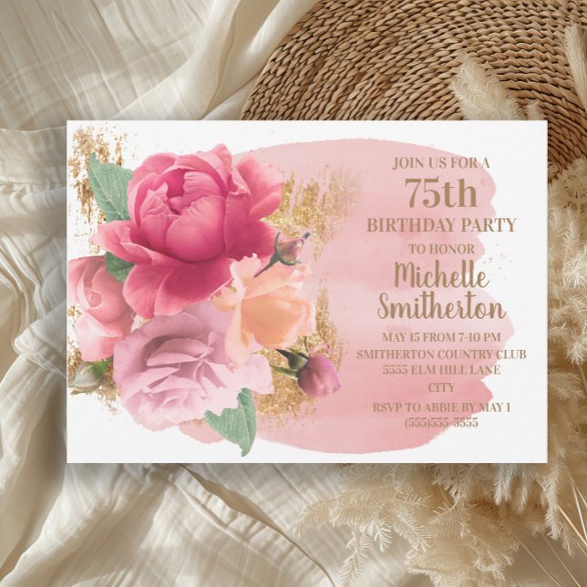 Rosa Flowers Guld Glitter 75:e Födelsedagsfest Inbjudningar (Elegant pink roses and gold glitter 75th birthday party invitation)