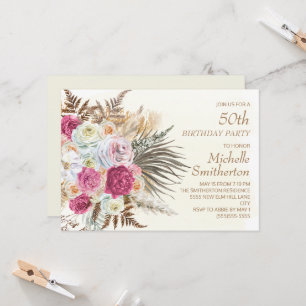 Rosa Flowers Guld Glitter Cream 50:e födelsedagen Inbjudningar
