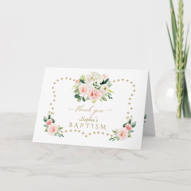 Rosa Flowers Guld Glitter Sparkles Kor Baptism Tack Kort (Framsida)