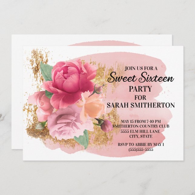 Rosa Flowers Guld Glitter Sweet 16 Födelsedagsfest Inbjudningar (Fram/baksida)