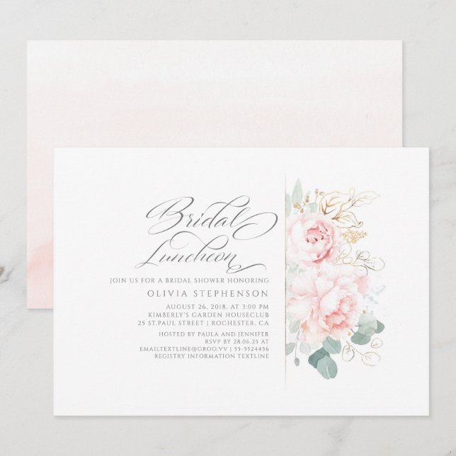 Rosa Flowers Guld Greenery Möhippa Luncheon Inbjudningar (Fram/baksida)