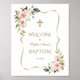 Rosa Flowers Guld Ram-baptism Välkomstecken Poster