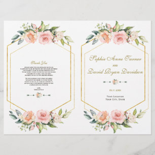 Rosa Flowers Guld Ram Bröllopsprogram