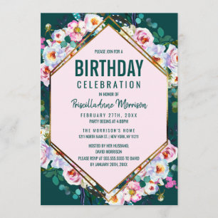 Rosa Flowers Guld Trim Emerald Jade Birthday Inbjudningar