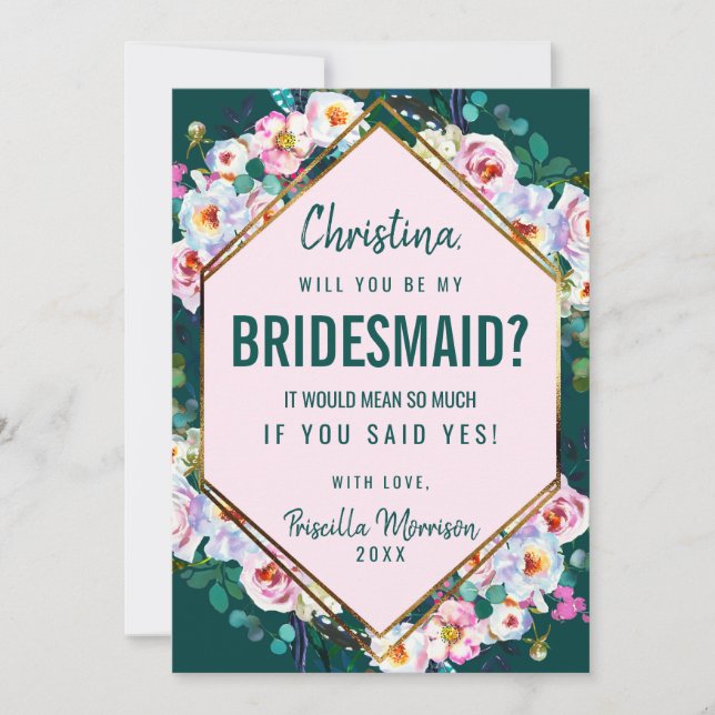 Rosa Flowers Guld Trim Emerald Jade Bridesmaid Inbjudningar (Framsida)