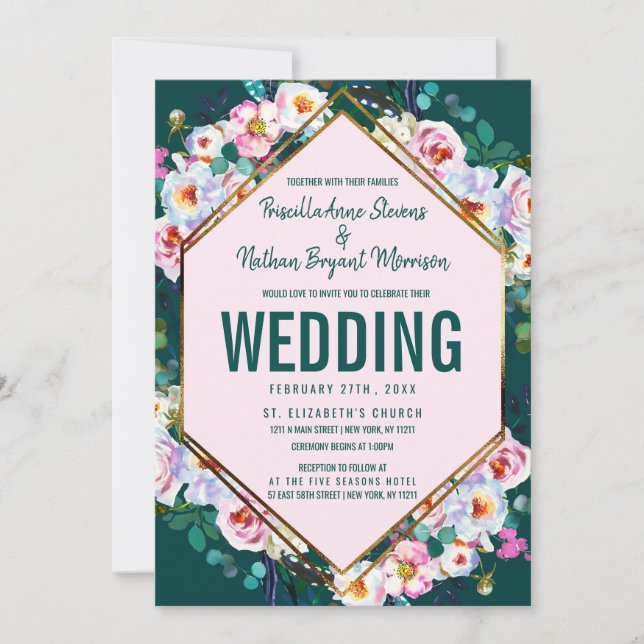 Rosa Flowers Guld Trim Emerald Jade Bröllop Inbjudningar (Framsida)