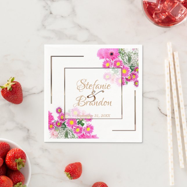 Rosa Flowers/Guld Trim Pappersservett (Insitu)