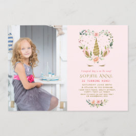 Rosa Flowers Guld Unicorn Photo Birthday Inbjudningar
