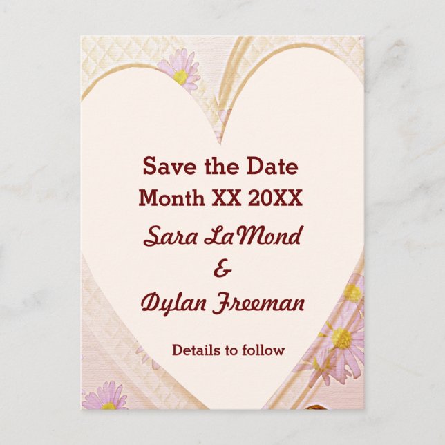 Rosa Flowers, Heart, Ringar, Save Date Postcard Meddelande Vykort (Framsida)