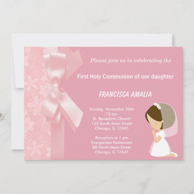 Rosa Flowers Heliga Communion Inbjudningar (Framsida)