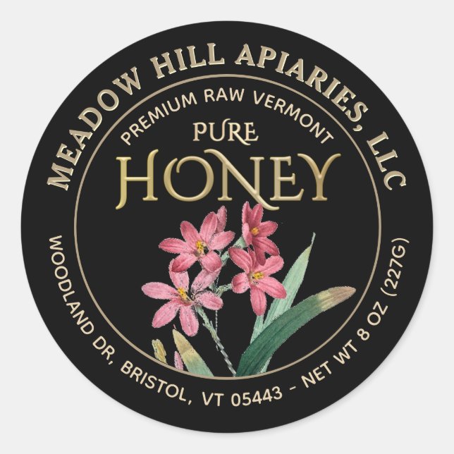 ROSA FLOWERS HONEY ETIKETT GULD PÅ BLACK (Framsida)