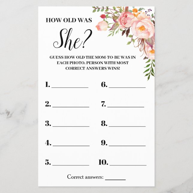 Rosa Flowers Hur gammal var hon Baby Shower Game C Flygblad (Framsidan)