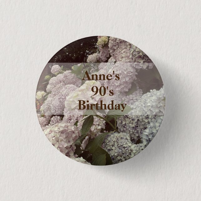 Rosa Flowers Hydrangea 90:e Birthday Badges Knapp (Framsida)