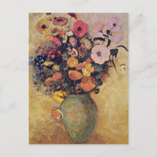 Rosa Flowers i en Grönt Vas, Odilon Redon-blommor Vykort (Framsida)