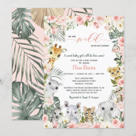 Rosa Flowers Jungle Safari Animals Baby Shower Inbjudningar