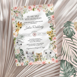 Rosa Flowers Jungle Safari Animals Baby Shower Inbjudningar