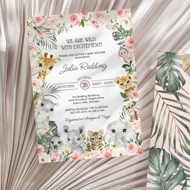 Rosa Flowers Jungle Safari Animals Baby Shower Inbjudningar (Skapare uppladdad)