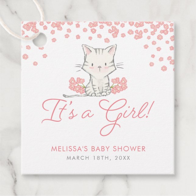 Rosa Flowers Kitten Girl Baby Shower Gåvor Etiketter (Framsida)