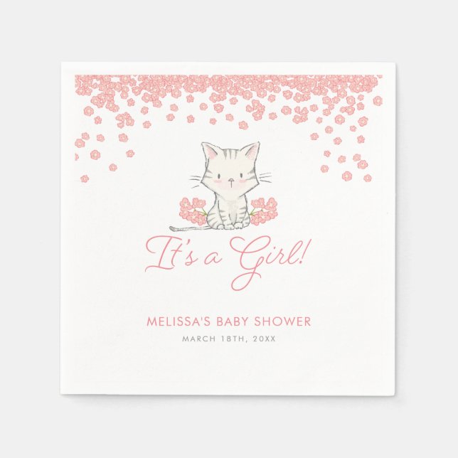 Rosa Flowers Kitten Girl Baby Shower Pappersservett (Framsidan)