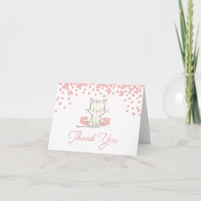 Rosa Flowers Kitten Girl Baby Shower Tack Kort (Framsida)
