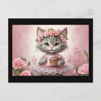 Rosa Flowers Kitten i Dress Vykort