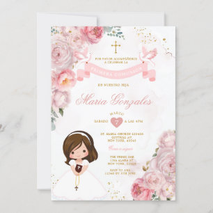 Rosa Flowers Little Girl Bible Primera Comunión Inbjudningar