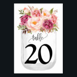 Rosa Flowers Mason Burk Landsbyggsbröllop Bordsnummer<br><div class="desc">Mason Burk med blommigt för rosa av vattenfärg. Romantisk boho chic stil. Du måste skapa varje bordsnummer separat. 1 Lägg till bordsnummer till design. 2 Lägg till i din vagn. 3 Upprepa för varje bordsnummer du behöver. Om du vill göra ytterligare ändringar (teckensnitt färg, stil, ta bort eller flytta inslag,...</div>