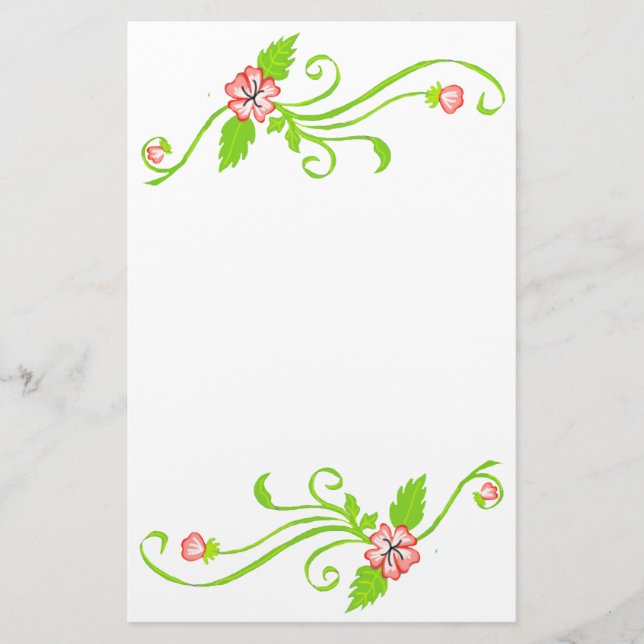 Rosa Flowers med Grönt Vine Stationery Brevpapper (Framsida)